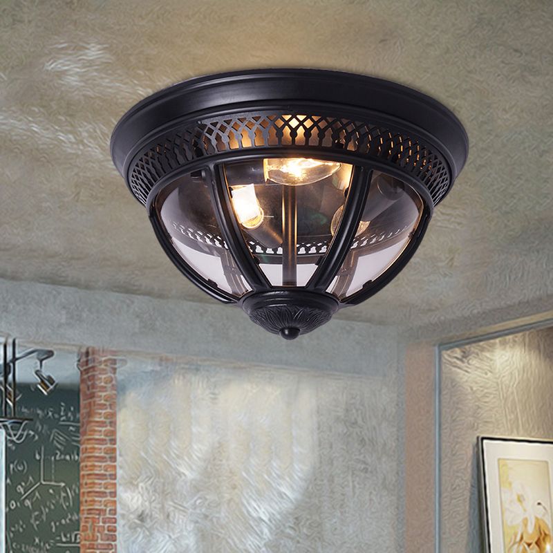 Antiqued Domed Semi Flush Lamp 1-Light Clear Glass Flush Mount Lighting with Pierced Trim Design in Brass/Brown