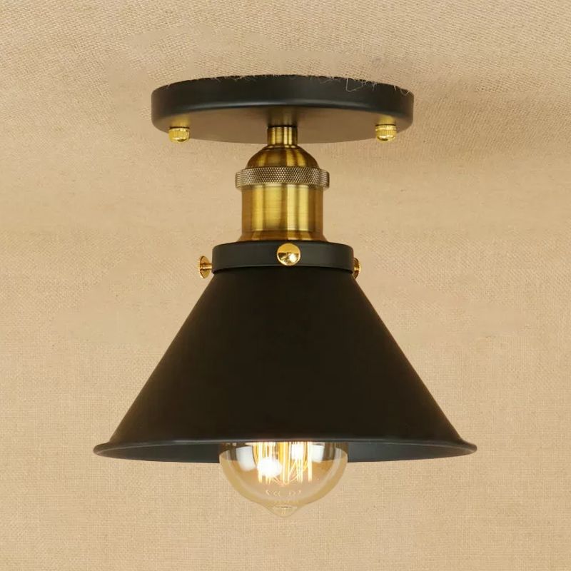 Mini plafonnier à abat-jour conique en fer industriel, 1 lumière, rouille/noir/cuivre, éclairage semi-monté