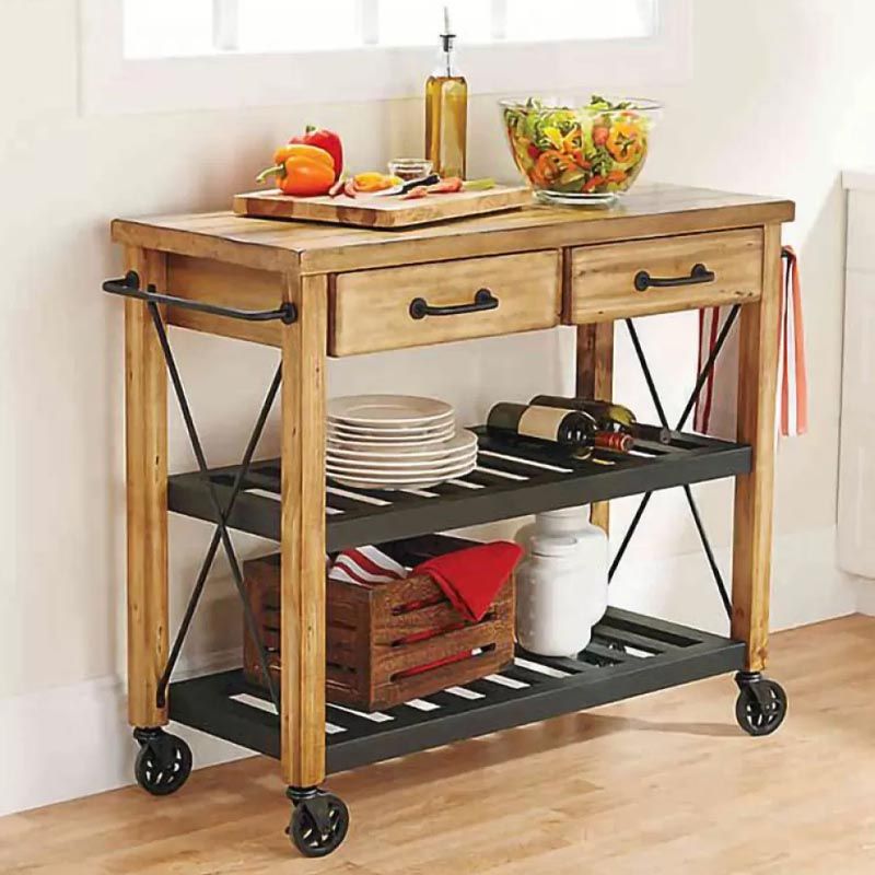Rolling Solid Wood Kitchen Island Home Dining Kitchen Trolley with Towel Rack