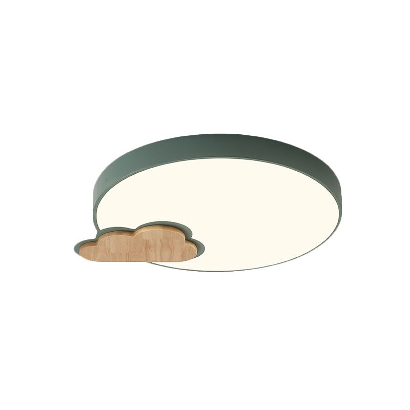Grey/Green Finish Circle Flush Lamp Macaron LED Acrylic Flush Mount Ceiling Light with Cloud Wood Detail, White/Warm Light