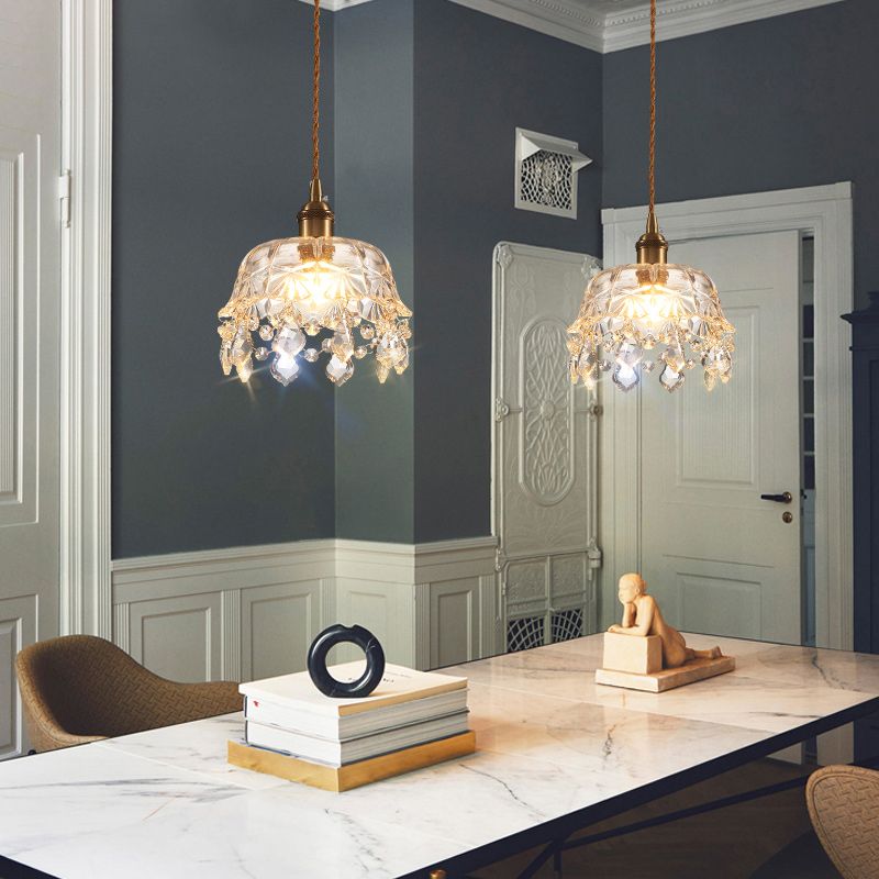 Luce a sospensione a sospensione a bulbo singolo Dome Luce a soffitto a sospensione in vetro trasparente con cristallo penzolante