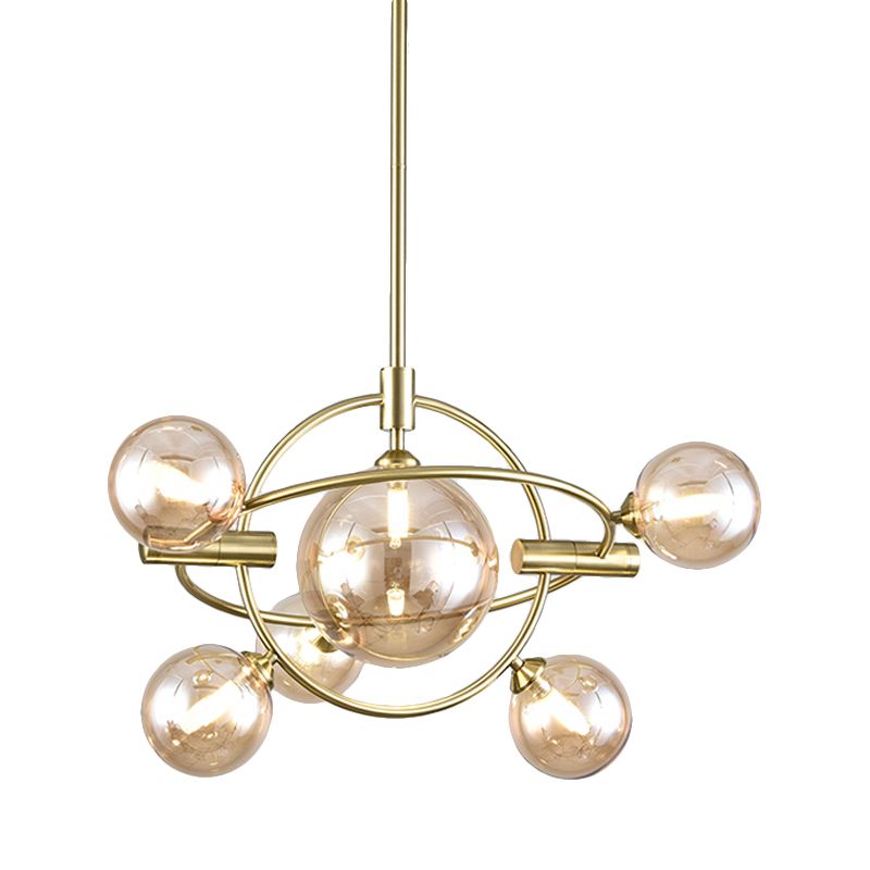 Modernist Sphere Chandelier Lighting Amber Glass 6 Heads Dining Room Ceiling Suspension Lamp