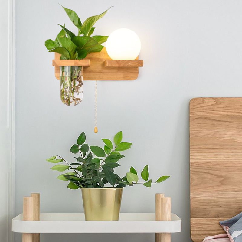 Modern Style Ball Shape Wall Light Wood 1 Light Sconces for Bedroom without Plant