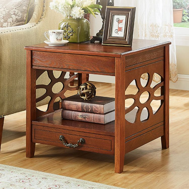Modern Square Double Tier End Table Solid Wood 4 Legs End Table