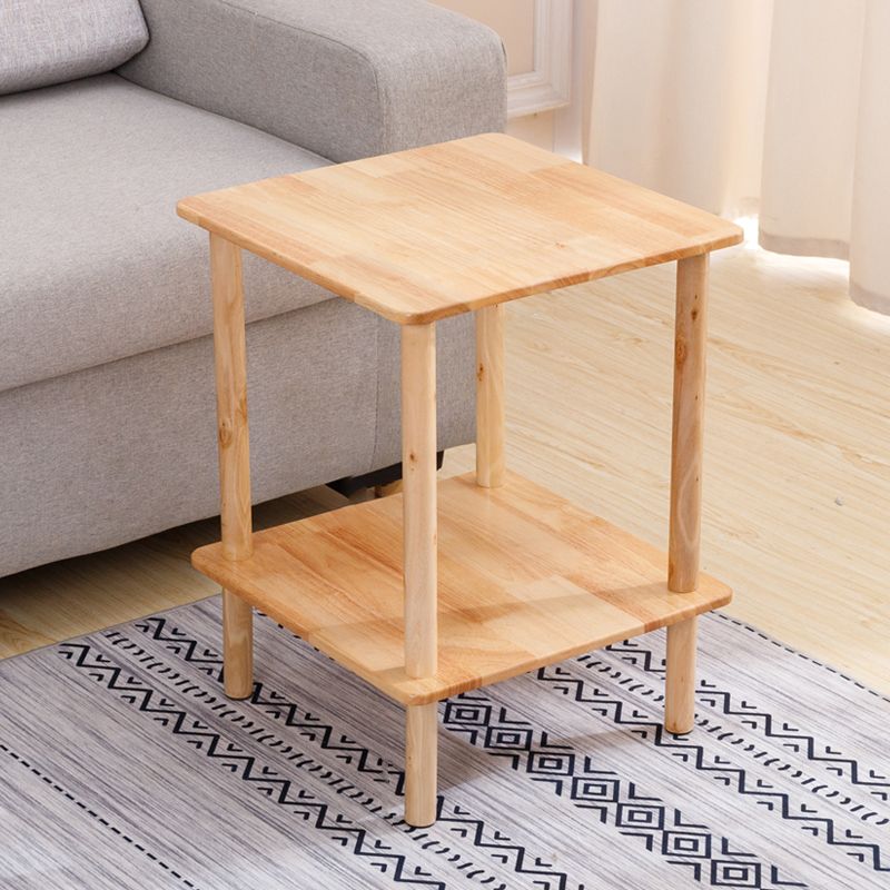 Modern Solid Wood End Slide Table 4 Legs with Shelf Double Tier Side Table