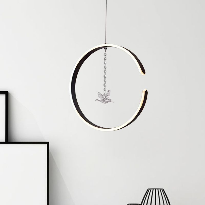 Acrylic Ring Pendant Lamp Minimalist LED Hanging Ceiling Light in White/Black with Bird Crystal Decor