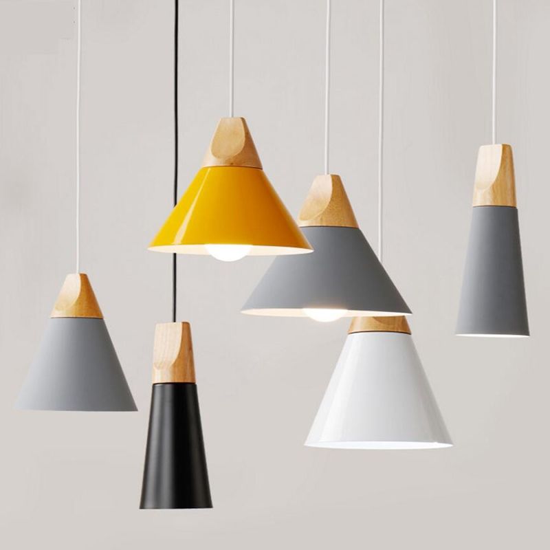 1 Light Metal Tapered Pendant Lamp Nordic Style Wooden Top Living Room Hanging Lamp