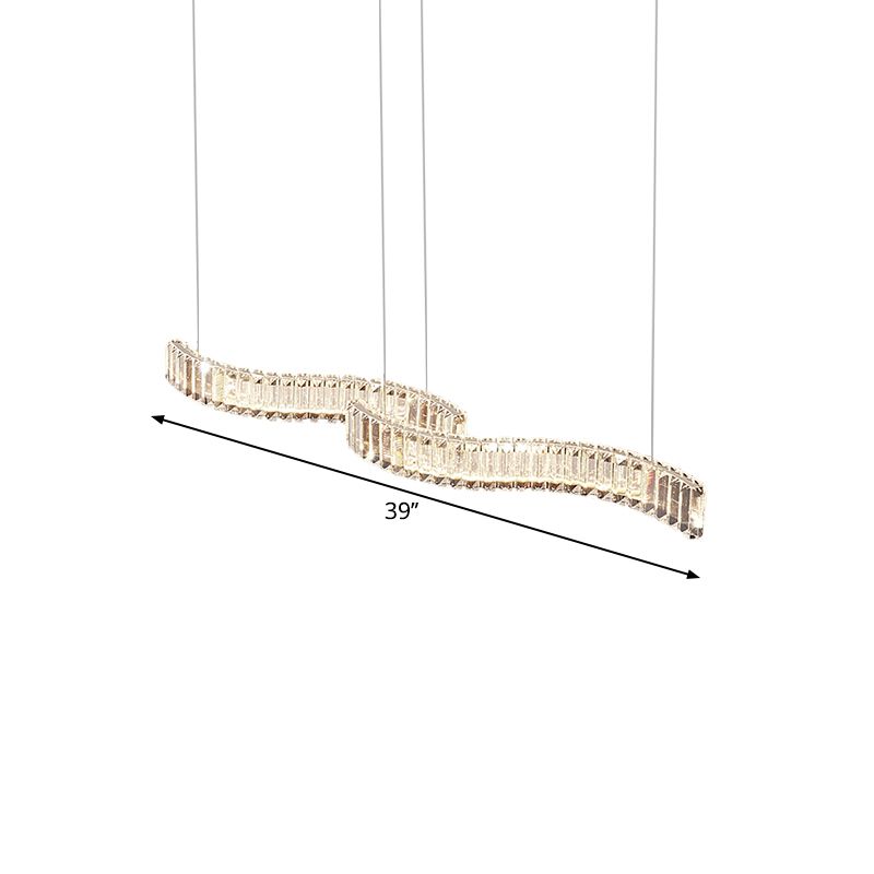 Faceted Crystal Waving Linear Island Pendant Modernist LED Silver Hanging Ceiling Light for Dining Room