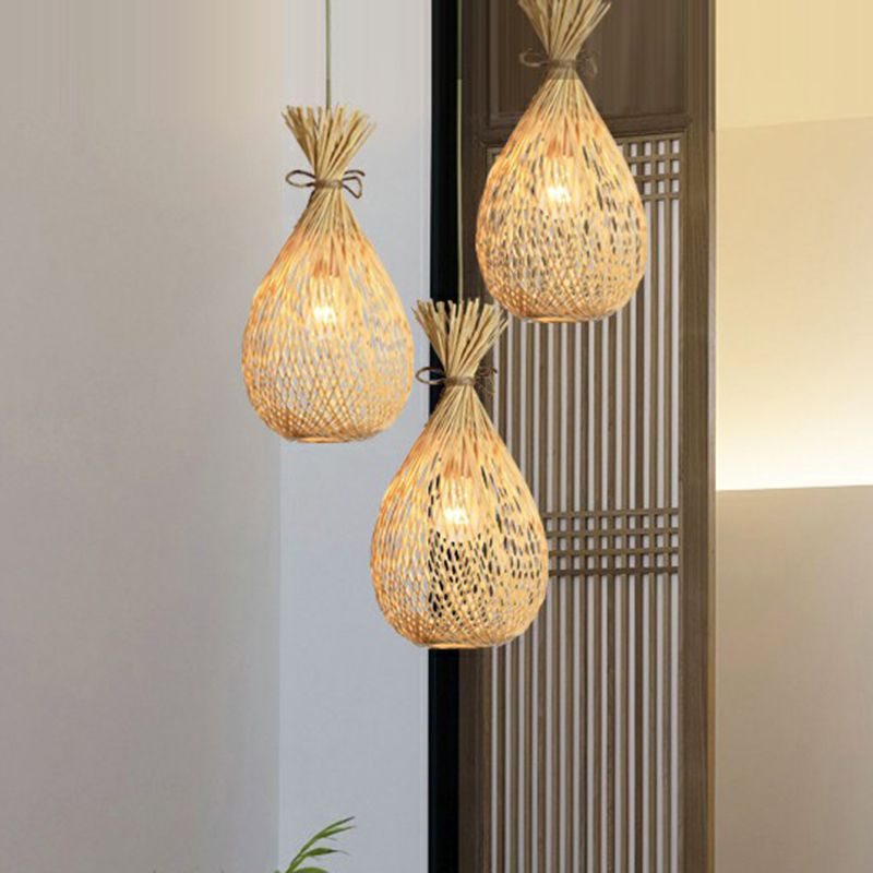 Wood Teardrop Shaped Hanging Light Fixture Cottage 3 Heads Bamboo Cluster Pendant Light