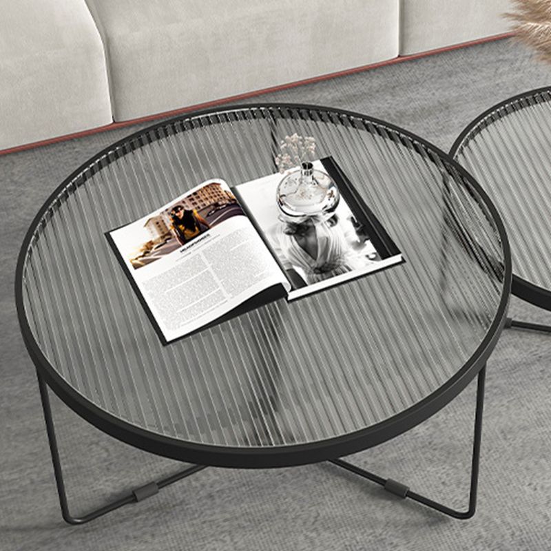 Contemporary Round Nesting Coffee Table with Glass Top and Iron Base