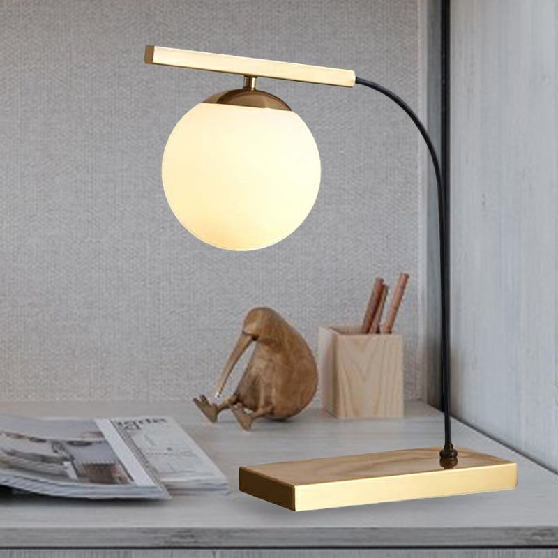 Gold Linear Table Light Postmodern 1-Head Metallic Night Lamp with Ball Milk Glass Shade