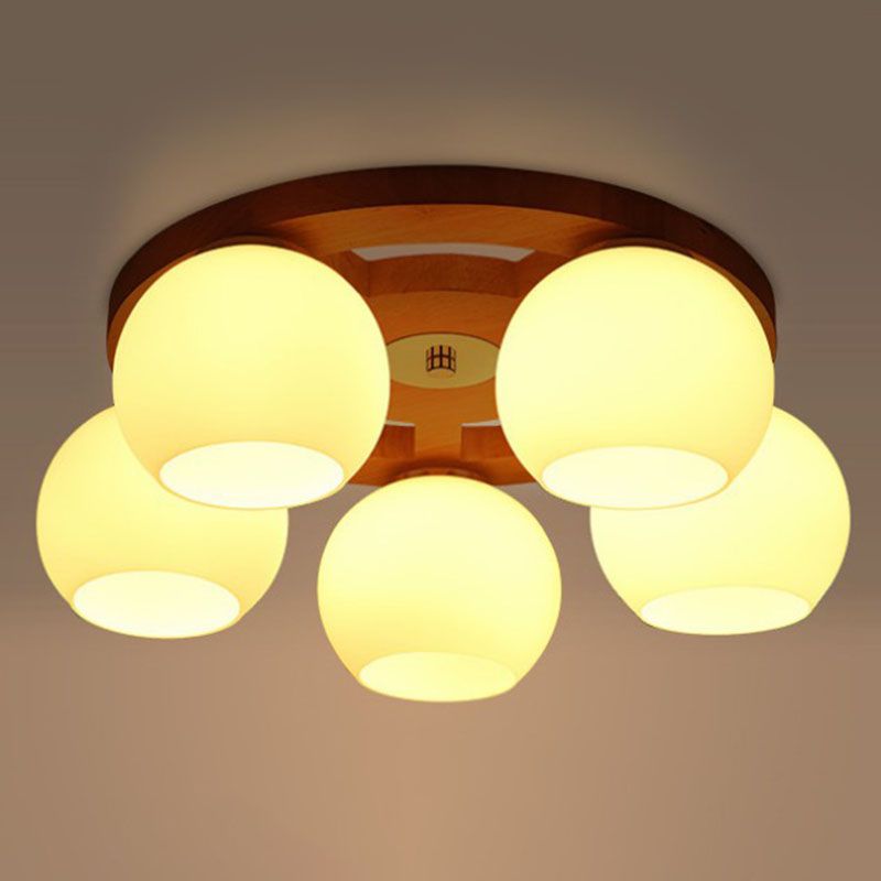 Melkachtige Glas Dome Flush Licht Eenvoud Houten Plafond Mount Verlichting voor Woonkamer