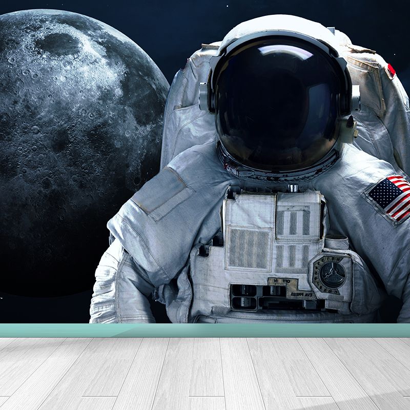White Astronaut Printed Mural Stain Resistant Fictional Boys Bedroom Wall Covering