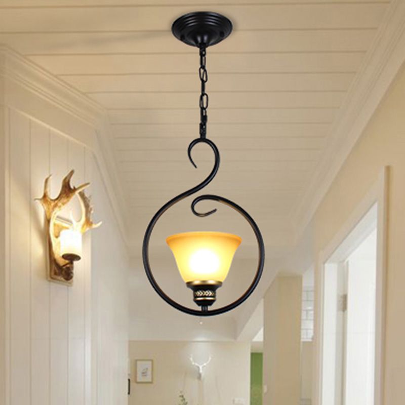 Black Bell Shade Ceiling Light Traditional Opal Glass 1 Head Dining Room Hooded Hanging Pendant Light