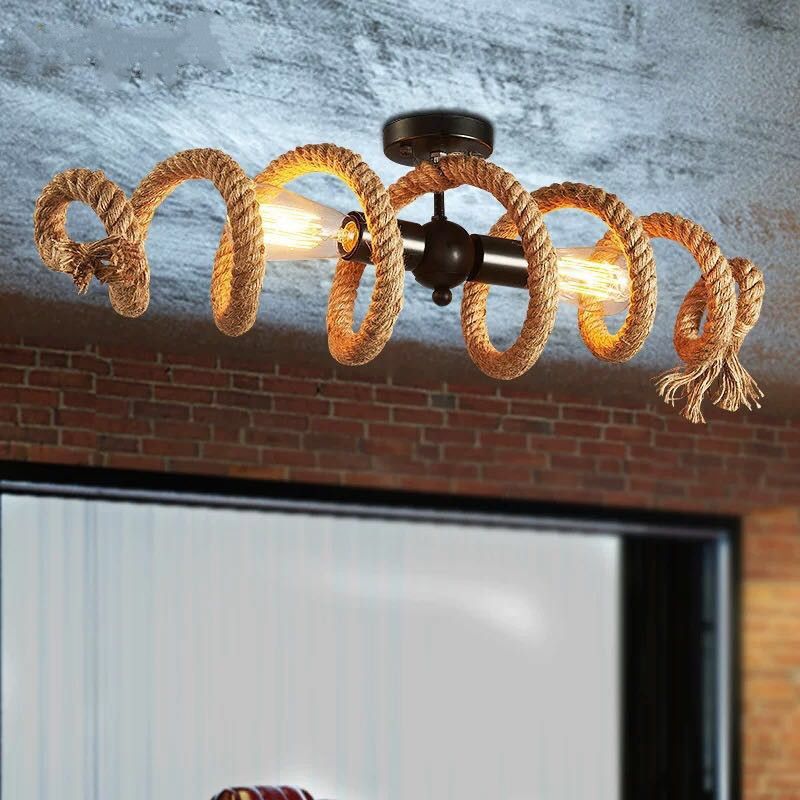 2 Heads Spiral Ceiling Mount Light Industrial Brown Rope Semi Flush Mount Light for Dining Room
