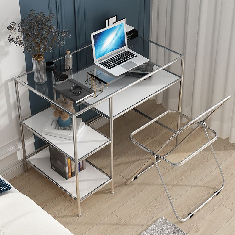 Glass Rectangular Writing Desk Contemporary Style Office Desk with Storage Shelves