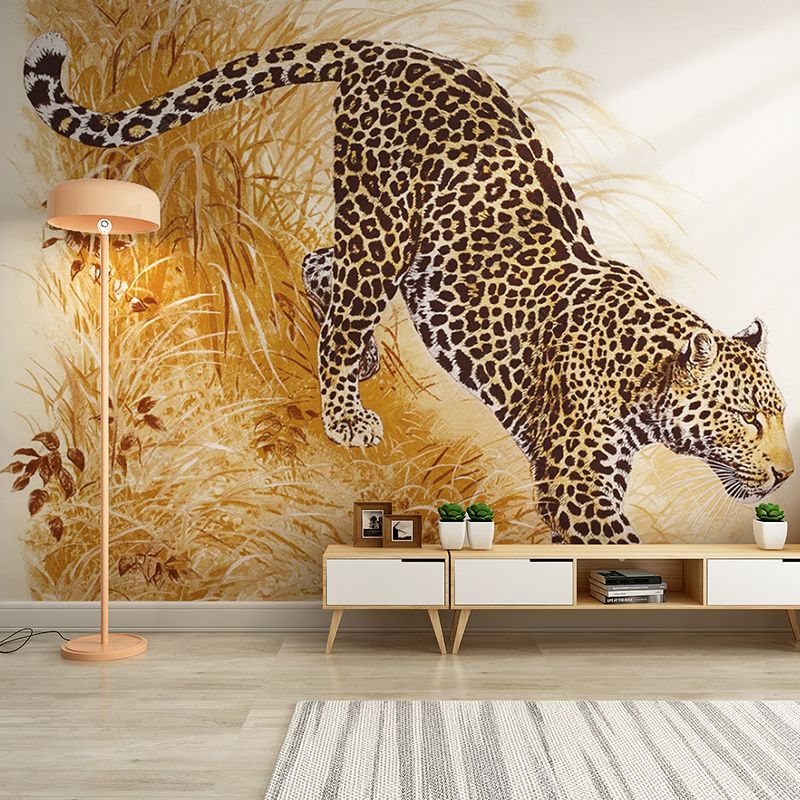 Full Illustration Modern Wall Mural for Home Decoration with Yellow and Black Leopard Design