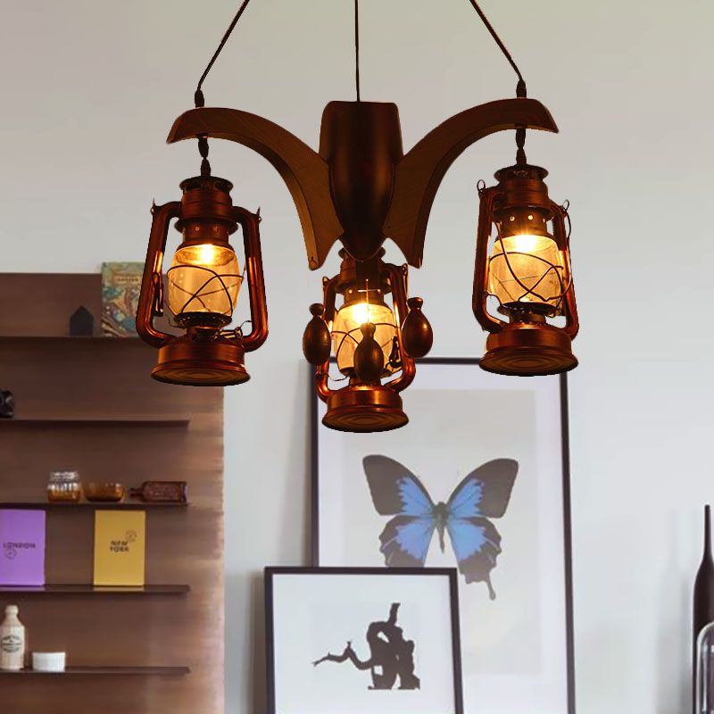 Industrial Kerosene Chandelier Lamp 3 Lights Clear Glass Hanging Ceiling Light in Dark Wood for Living Room