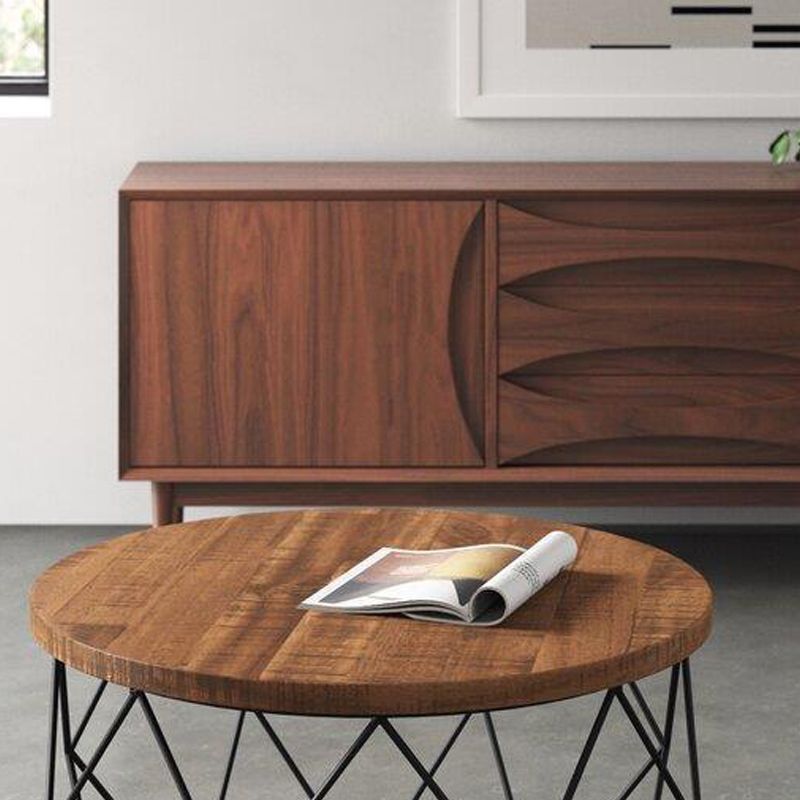 17.7" H Wood Round Top Coffee Table, Metal Frame Base Cocktail Table
