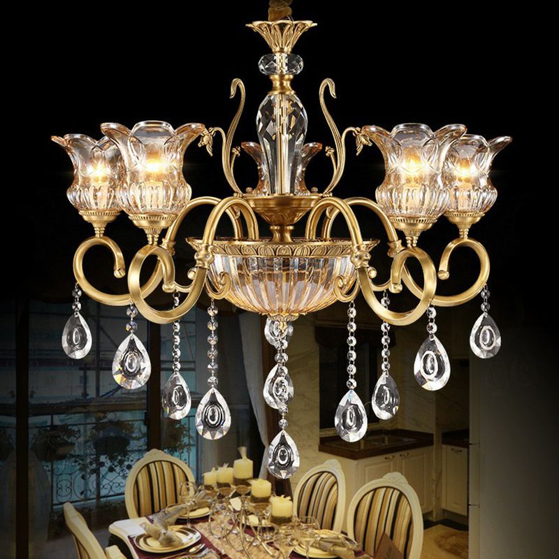 Bloem woonkamer hangende lamp retro helder kristallen glas messing kroonluchter verlichtingsarmatuur