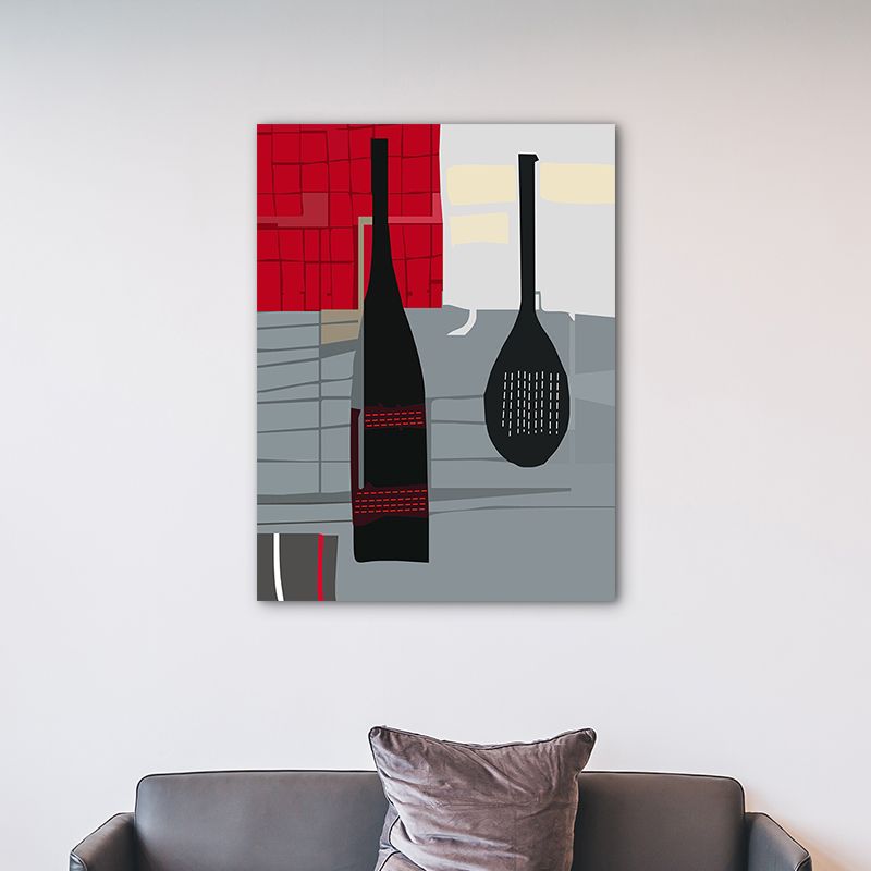 Scandinavian Wine Bottle Canvas Red and Grey Textured Wall Art Print for Living Room
