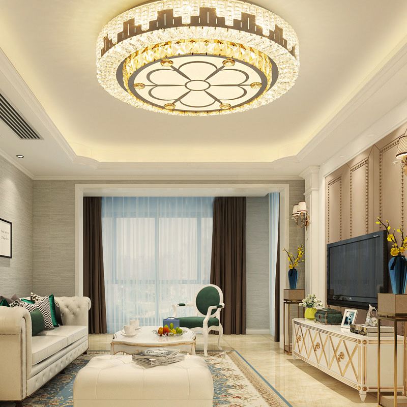 Silver Circular LED Flush Mount in Modern Luxury Style Wrought Iron Ceiling Light with Crystal Shade