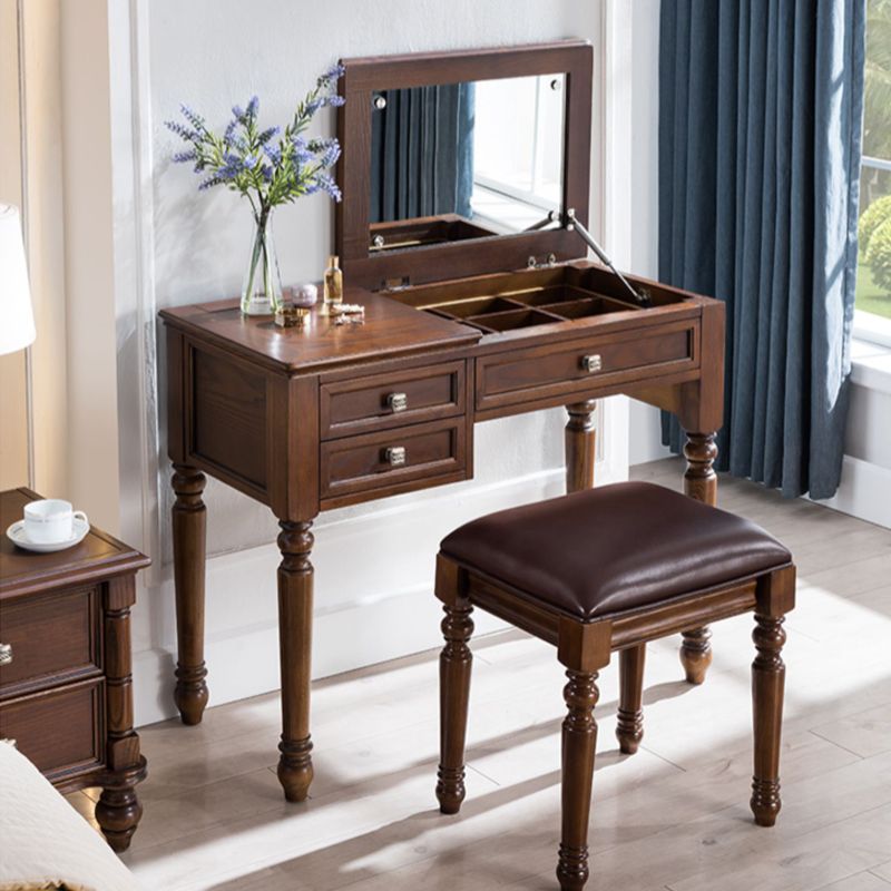 30.7" Height 2-Drawer Brown Solid Wood Dressing Table Mirror Makeup Vanity