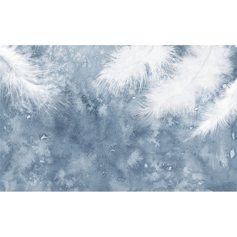 Whole Feather Wall Mural Decal for Home Decoration Misty Wall Art in Blue and White, Water-Resistant