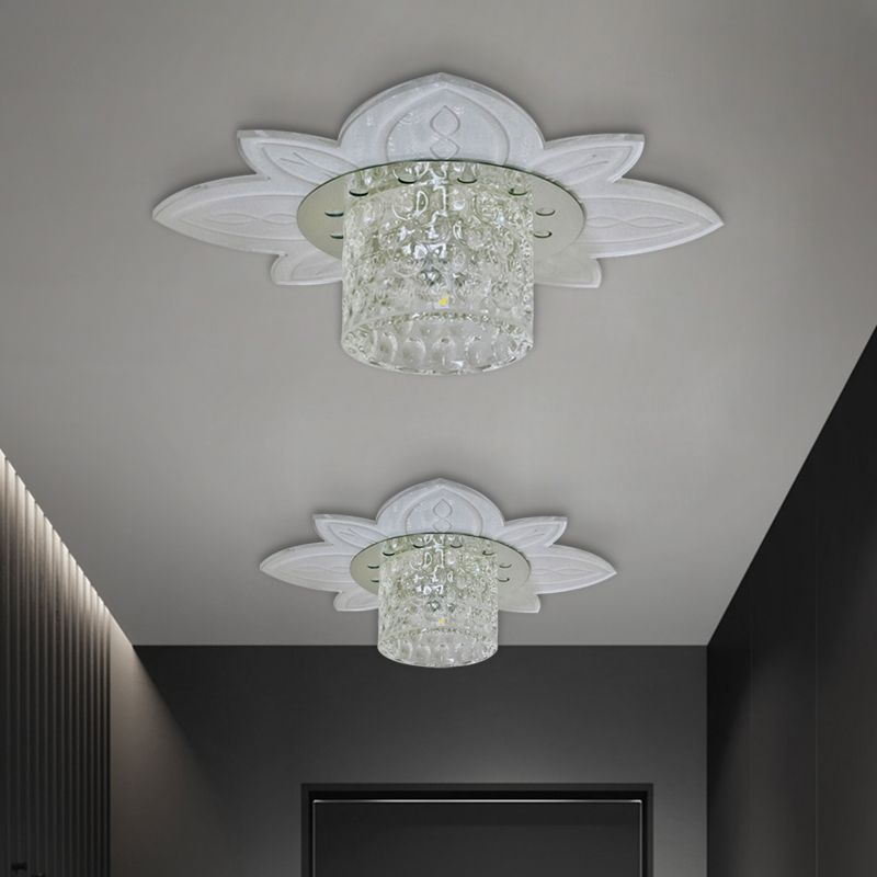Clear Crystal Prism Cylindrical Flush Mount Simple LED Corridor Light Fixture Ceiling with Floral Base