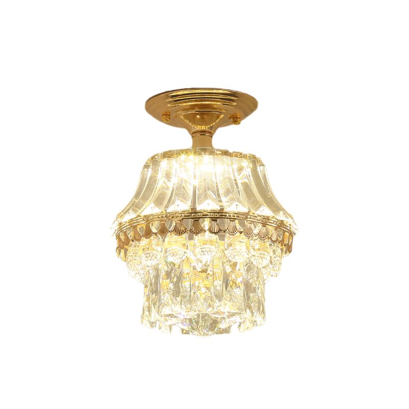 Rectangle-Cut Crystal Tiered Semi Flush Contemporary LED Ceiling Mount Light Fixture in Gold