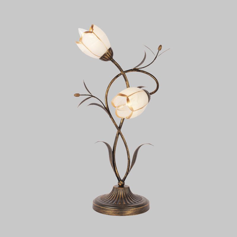 2 Lights Bedroom Night Table Lamp Rural Brass Desk Light with Flower Opal Glass Shade