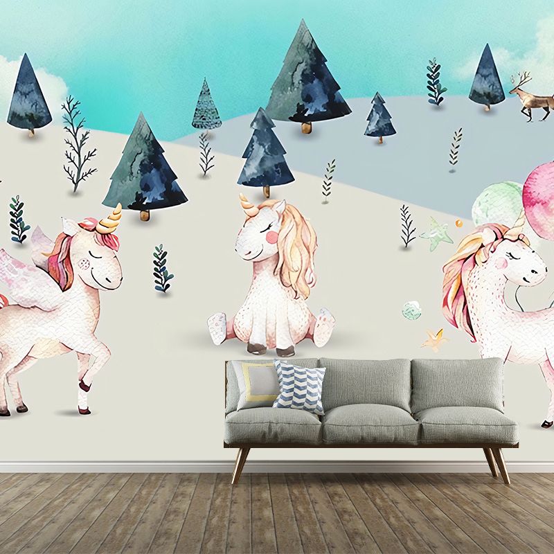 Pink-Blue Cartoon Wallpaper Murals Full Size Unicorn in Wilds Patterned Wall Decor for Kids Playroom