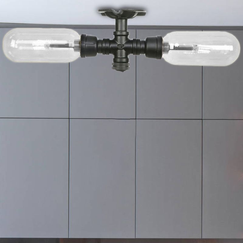 Lampada da soffitto per interni con paralume a capsula nero opaco vintage a 2 luci in vetro trasparente con montaggio a semicerchio e design a tubo
