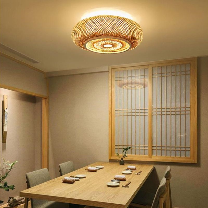 Cross Woven Flush Mount Ceiling Light Contemporary Rattan Ceiling Mount Light Fixture for Bedroom