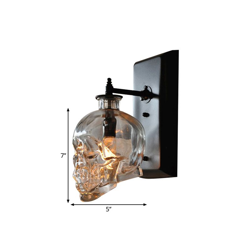 Black Skull Wall Mount Light Artistic Single-Bulb Clear Glass Wall Light Fixture for Corridor
