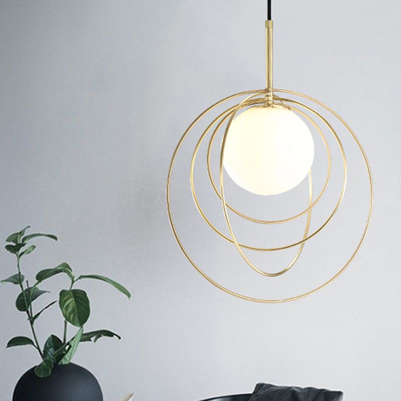 Moveable Wire Cage Pendulum Light Simple Novelty Metal 1 Bulb Gold Hanging Pendant with Ball Opal Glass Shade