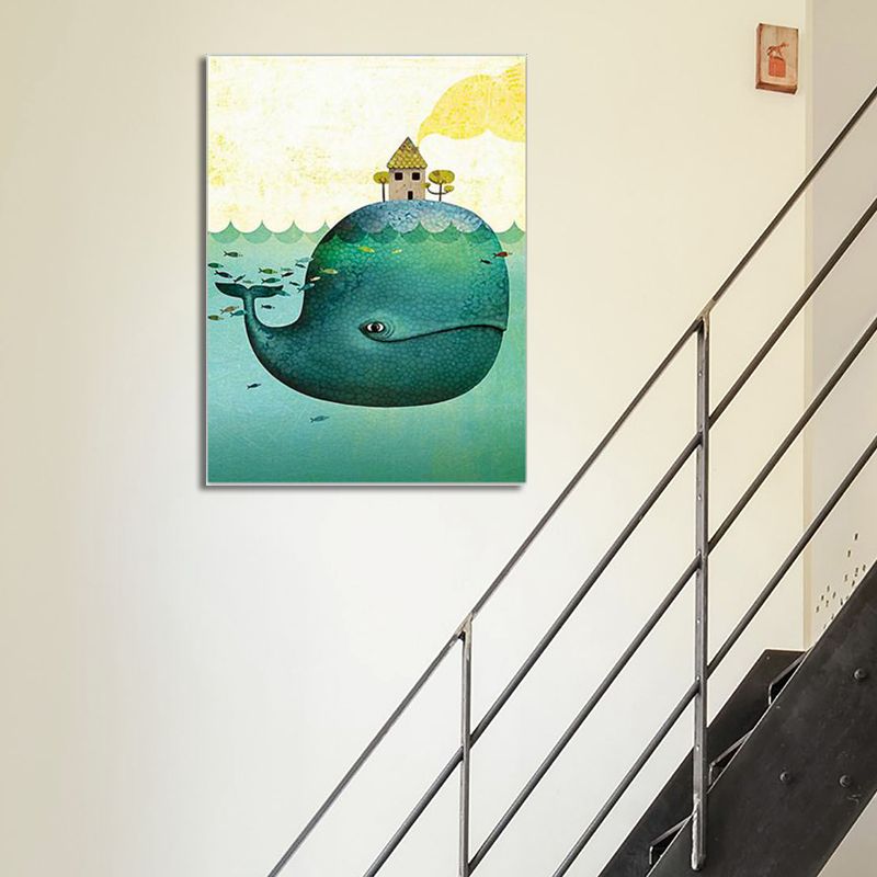 Pastel Color Kids Wall Art Sea Fish with Shelter Top Painting Canvas for Stairway