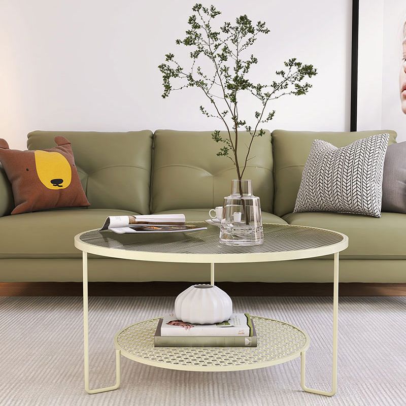 Modern Round Glass Top Coffee Table with 3 Iron Legs and Shelf