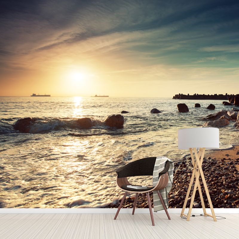 Photography Dusk Seascapes Wall Mural for Accent Wall, Blue-Brown, Custom Printed