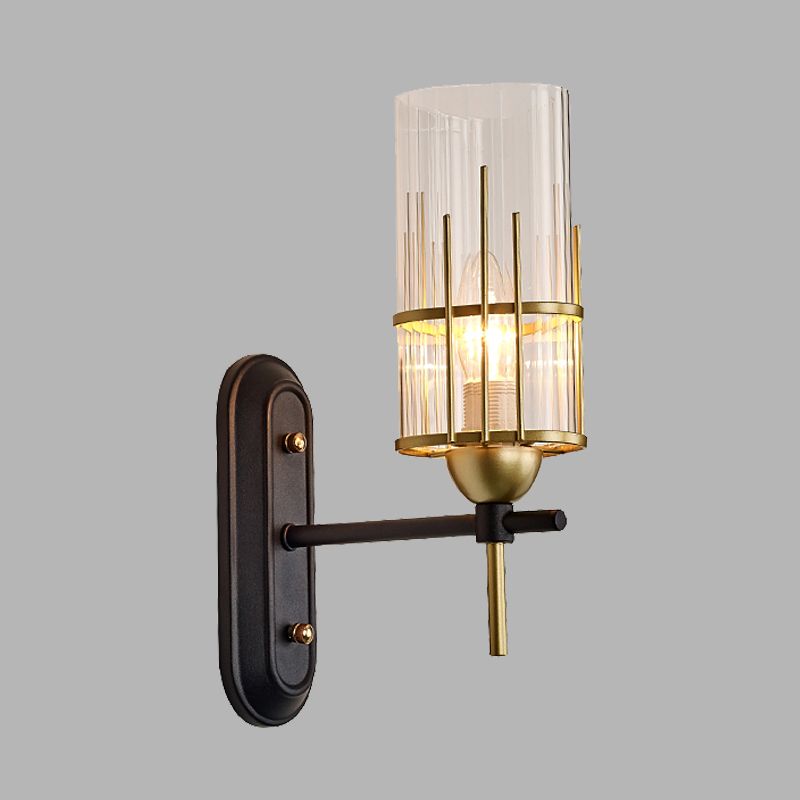 1 Bulb Wall Light Sconce Traditional Living Room Wall Lighting Fixture with Cylinder Clear Glass Shade in Gold