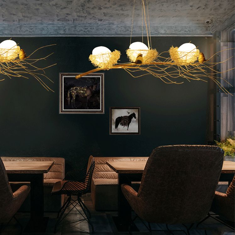 Bird and Nest Island Lampada decorativa in metallo in metallo appeso con tonalità in vetro di uova