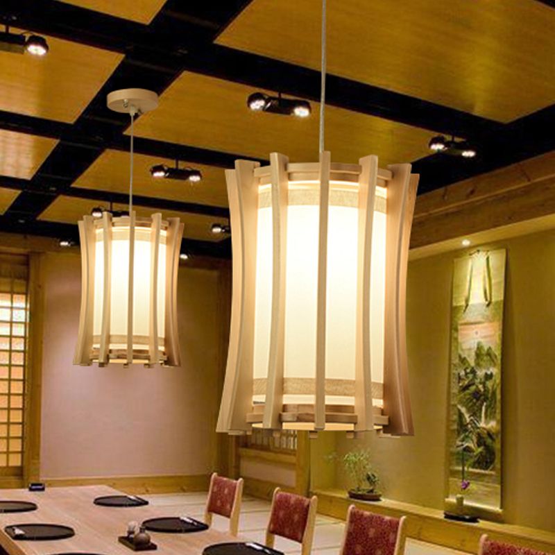 Cylindrical Pendant Light Fixture Asia PVC 1 Bulb Dinette Ceiling Lamp with Wood Cage in Beige
