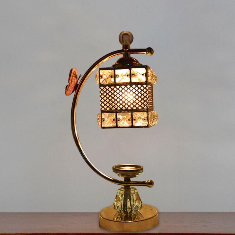 Lámpara de mesa de forma de cubo/flor modernismo con incrustación de cristal 1 cabeza de oro de la cabeza con brazo curvo