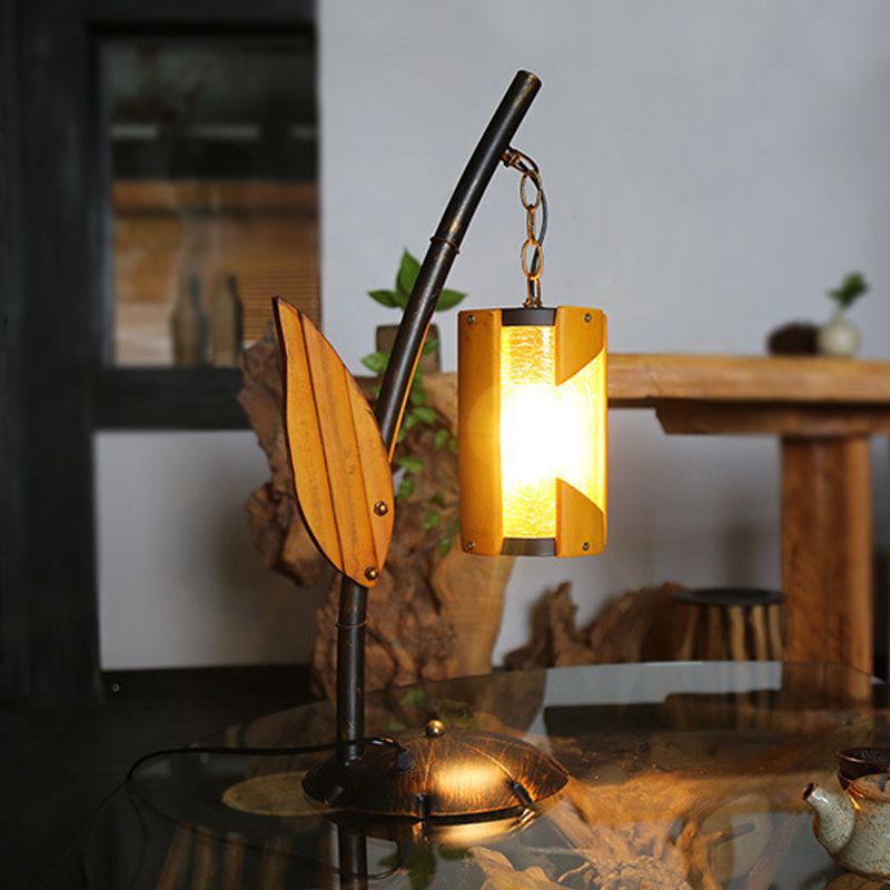 Cylinder Yellow Crackle Glass Desk Lighting Farm Style 1-Light Bedroom Table Light in Brass with Wood Leaf Deco