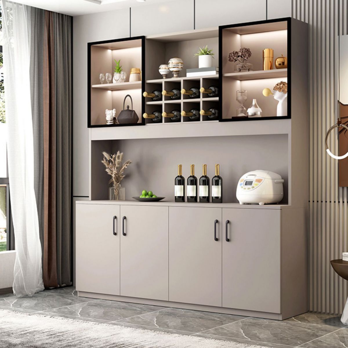 Manufactured Wood Modern Bottle Holder Floor Glass Door with Storage Shelves