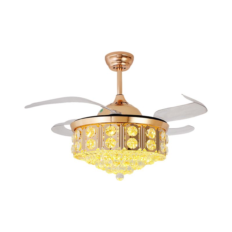 19 "W Moderne LED-plafondventilator Licht Gold Conical Semi Flush Mount met gefacetteerde kristalschaduw, 4-blade