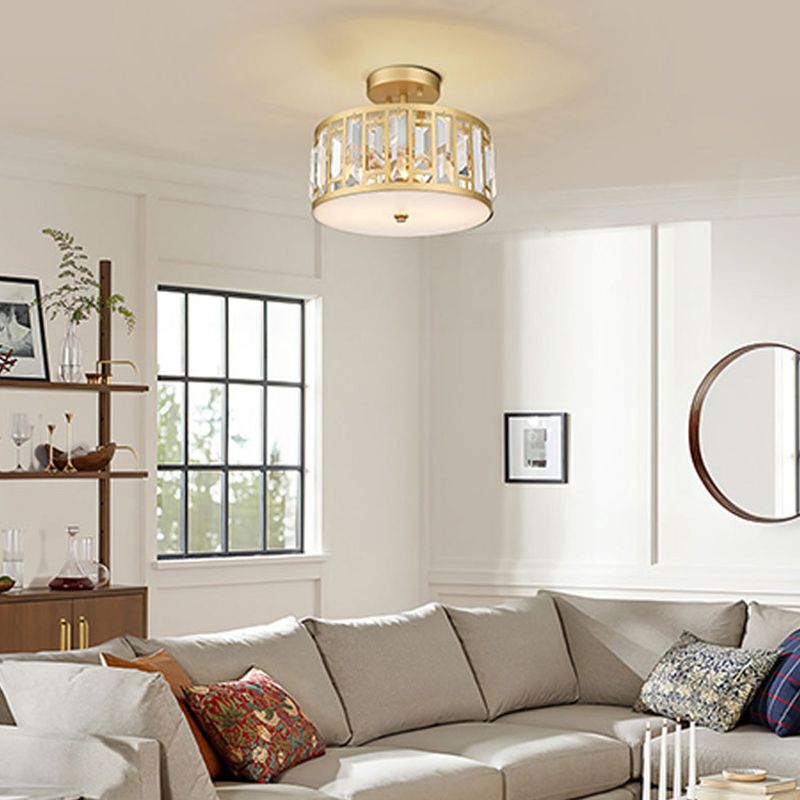 Crystal Semi Flush Contemporary 2 - Light Drum Ceiling Semi Flush in Gold