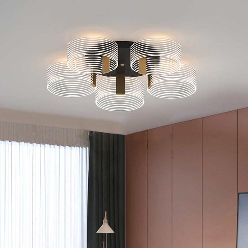 Black-Gold Round Semi Flush Simple 2/3/5 Lights Acrylic Ceiling Mount Light Fixture for Parlor