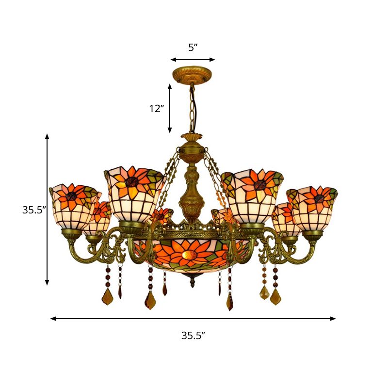 Mehrfarbiger umgekehrter Kronleuchter im Vintage-Stil, Buntglas, 9 Lichter, dekorative Hängeleuchte mit Sonnenblumenmuster
