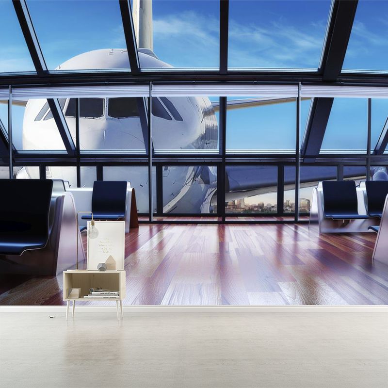 Custom Photography Modern Murals with An Airplane Approaching The Window Pattern, Blue-White